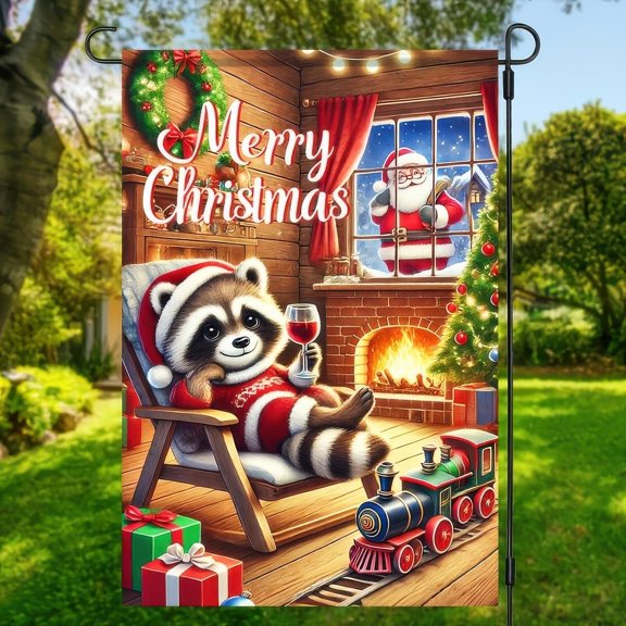 Christmas Raccoon Garden Flag 12x18 Inch Cozy Cabin Fireplace Scene Holiday Raccoon Relaxing with Gifts Santa Window View Winter Yard Banner Outdoor Porch Pathway Seasonal Home Decoration