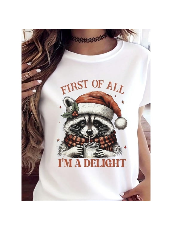 Christmas Raccoon T-Shirt First Of All I'm A Delight Funny Holiday Graphic Tee For Women, Festive Christmas Gift, Winter Seasonal Apparel, Santa Hat And Scarf Design, Cute Animal Print Top,220g