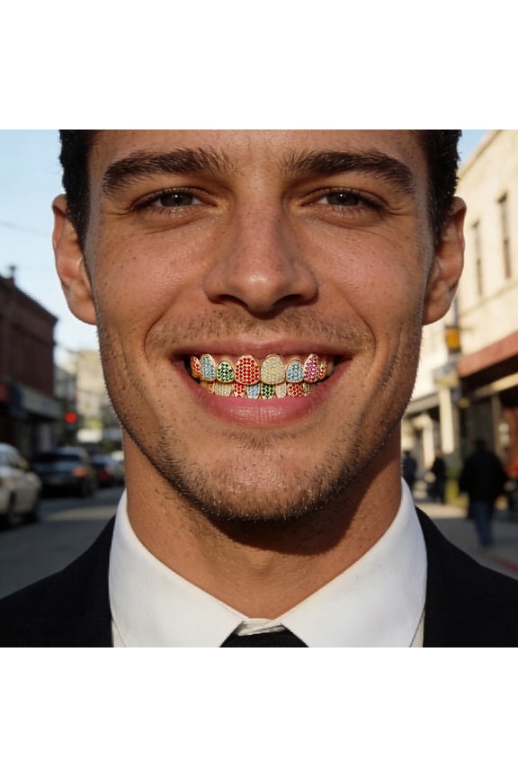 Christmas Rainbow Zirconia Copper Grillz for Men & Women,Multi-Color Iced Out Teeth Jewelry,Festive Hip Hop Party Dental Accessory (Top & Bottom Set)