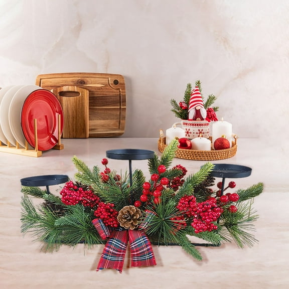 Christmas Rattan Candlestick, Three-Legged Candlestick Holder, Handwoven Rattan Garland Table Centerpiece, Desktop Holiday Party Decoration for Festive Dining Table