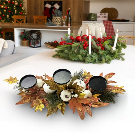 Christmas Rattan Candlestick Wreath Centerpiece Decor, Holiday Tabletop Garland for Home Party Decoration, Festive Mantelpiece Ornament, Seasonal Fireplace Display, Rustic Farmhouse Christmas Decor