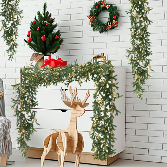 Christmas Rattan Garland 6FT Pre-Lit with Berries,Flexible Artificial Ivy Vine for Staircase Mantel Doorway Decor, Indoor Green Decoration with Warm White LED Lights for Holiday Wedding Home Green