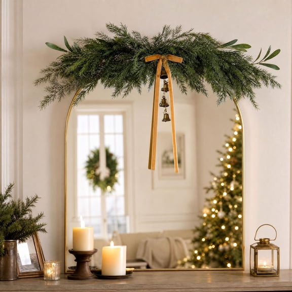 Christmas Rattan Garland Decoration, 27.6" Artificial Cedar Swag with Lights Bells Ribbon, Ready-to-Hang Holiday Ornament for Fireplace Mantel Porch