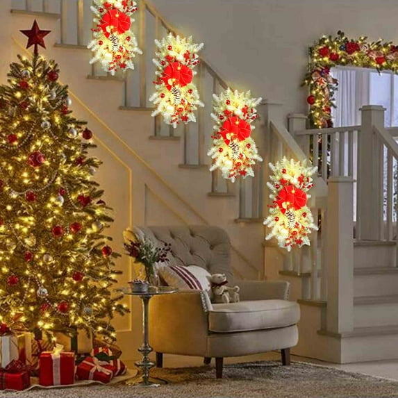 Christmas Rattan Hanging Tree with LED Lights for Wall and Door Decor - Upside Down Holiday Display for Indoor Spaces and Festive Settings(Red,17.7")