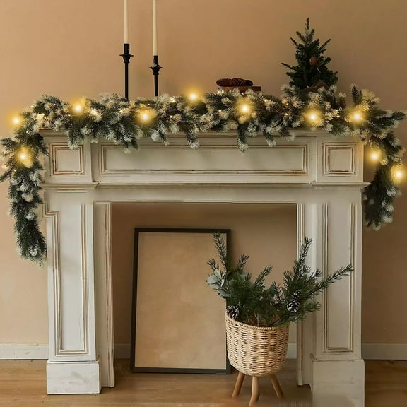 Christmas Rattan With LED Lights,White Green Pinaster Needle Luminous Garland For Door Stair Railings Mantel,Artificial Lighted Christmas Rattan Decoration For Home Indoor Outdoor Holiday Display