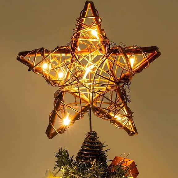 Christmas Rattan Natural Star Tree Topper, No Remote, Xmas Star Tree Topper Lighted for Christmas Tree Decorations
