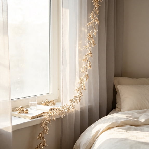 Christmas Rattan with Glitter Gold Powder Leaves, Champagne White Christmas Tree Decor Holiday Ambiance Ornaments, 71 Inch