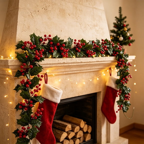 Christmas Rattans Artificial Berry and Leaves Garland Decor String, 1.75M Plastic Holiday Vine with Flexible Inner Wire, Festive Decoration for Fireplace Christmas Tree Wreath Home Xmas Holiday Decor