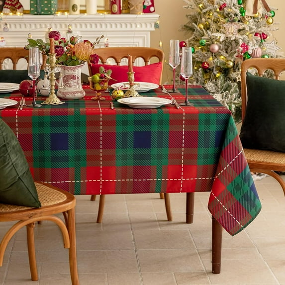 Christmas Rectangle Green Plaid Tablecloth - 60 x 102 Inch - Checkered Water Stain Resistant Table Cover, Washable Polyester Table Cloth for Xmas Dinner/Party Decoration/Holiday