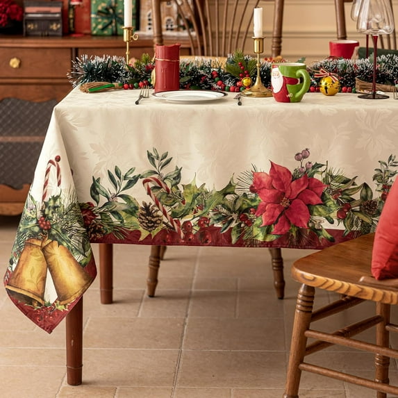 Christmas Rectangle Jacquard Tablecloth with Red Flower Bell, Polyester Poinsettia Vintage Floral Printed Table Cloth for Xmas Party Decoration/Holiday (60x102 Inch)