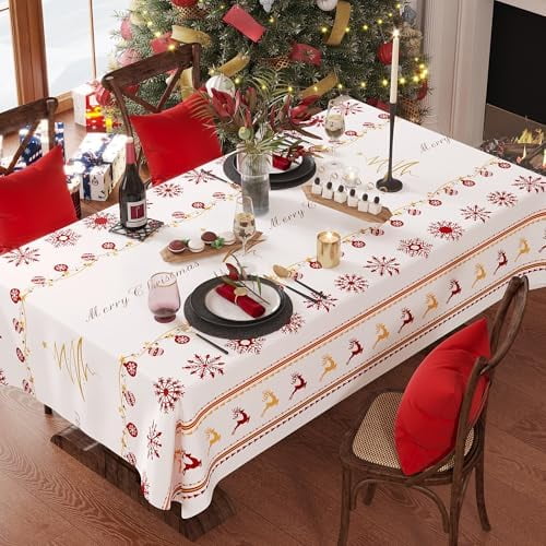 Christmas Rectangle Table Cloth,100% Waterproof Tablecloth,Christmas Decorations for Home, Vinyl Tablecloth Plastic Table Cover for Party,Picnic,Dining,Outdoor 52" x 70",Merry Ribbon