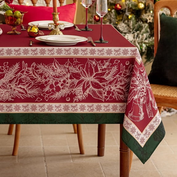 Christmas Rectangle Tablecloth 60 x 102 Inch, Winter Red Poinsettia and Holly Washable Table Cloth, Xmas Lines Design Table Cover for Dining, Party, Holiday Decor - Red