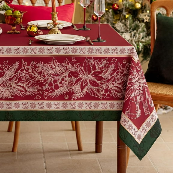 Christmas Rectangle Tablecloth 60 x 120 Inch, Winter Red Poinsettia and Holly Washable Table Cloth, Xmas Lines Design Table Cover for Dining, Party, Holiday Decor - Red