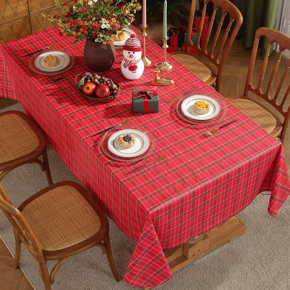 Christmas Rectangle Tablecloth, Buffalo Plaid Vinyl Table Cloths with Flannel Backing Waterproof Stain Resistant Table Covers for Xmas Parties Holiday Decoration(red,60"x102")