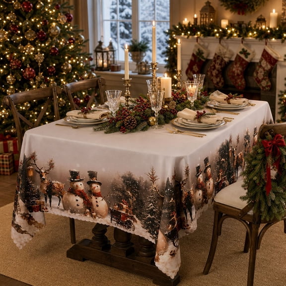 Christmas Rectangle Tablecloth, Christmas Tree Polyester Table Cover for Dining Table, Kitchen and Holiday Party, 59 x 120 in