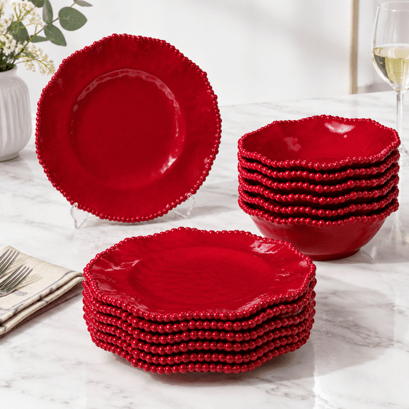 Ruby Ware Warehouse Christmas Red 18 Piece Beaded Dinnerware Sets Service For 6 Lightweight ...