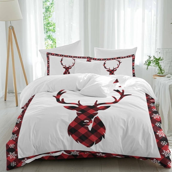Christmas Red 4 Piece Duvet Cover Set Twin Size and Black Buffalo Plaid Elk Soft Bedding Set Comforter Cover, 1 Duvet Cover 1 Flat Sheets and 2 Pillowcases
