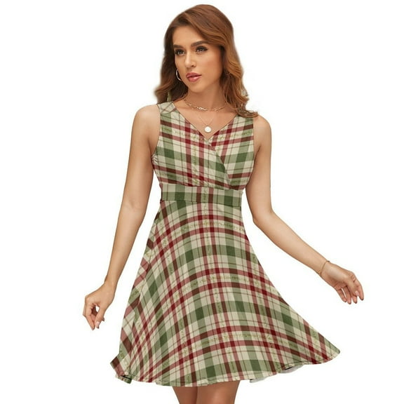 Christmas Red And Green Checkered Pattern with White Dots Women's Tank Dress V Neck Sleeveless Summer Sundress