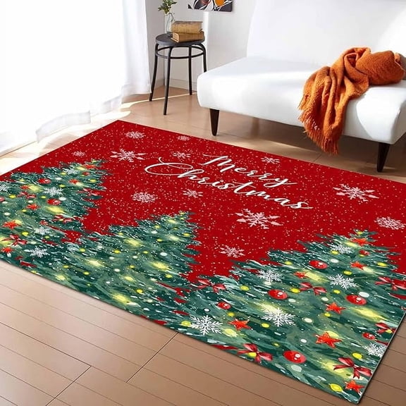 Christmas Red Area Rugs For Bedroom Living Room, Non-Slip Throw Rug For Entryway Bathroom, Green Pine Tree Star Ball Snowflake Indoor Floor Carpet 3 x 4ft