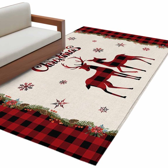 Christmas Red Area&nbsp;Rug 3x5ft and Black Buffalo Plaid Elk Non-Slip&nbsp;Washable Square&nbsp;Rugs Soft Felt Indoor Floor Mat for Bedroom Kitchen Living Room Bathroom