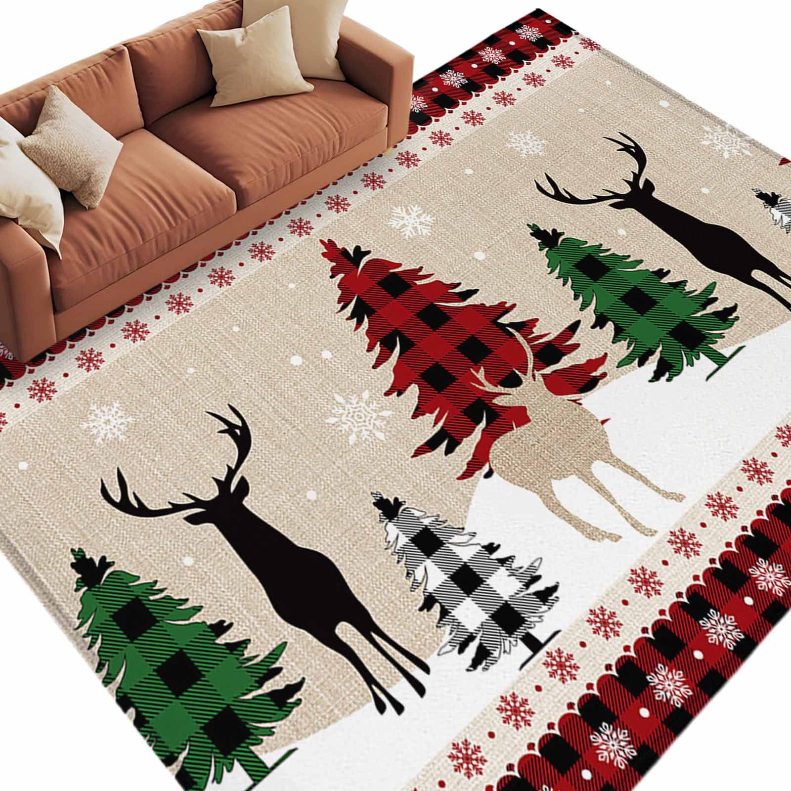 Christmas Red Area Rug 5x7ft Black Plaid Reindeer and Xmas Tree Non ...