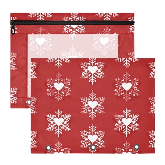 Christmas Red Background Hearts Inside Snowflakes 3-Ring Binder Pocket with Zipper Pencil Pouches A4 Size File Storage 2 Packs