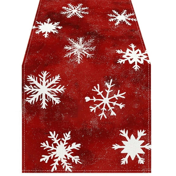 Christmas Red Background Snowflake Print Table Runner Tablecloth, 33x183cm Linen Table Cover, Cabinet Decor Tea Flag, Holiday Dining Table Decoration, for Holiday Dining and Party Decor