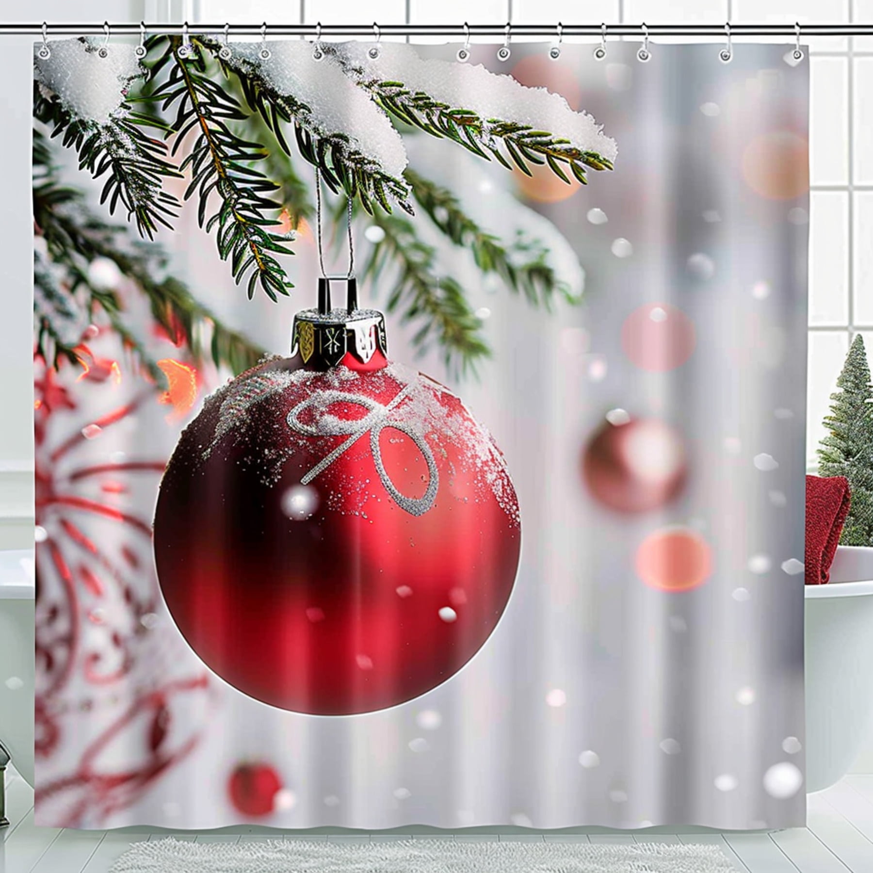Christmas Red Ball Pine Tree Snow Bathroom Shower Curtain Festive Decor