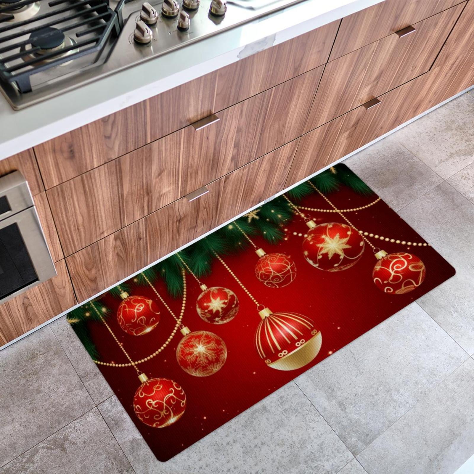 Christmas Red Balls Kitchen Rugs, NonSkid Waterproof Absorbent Runner