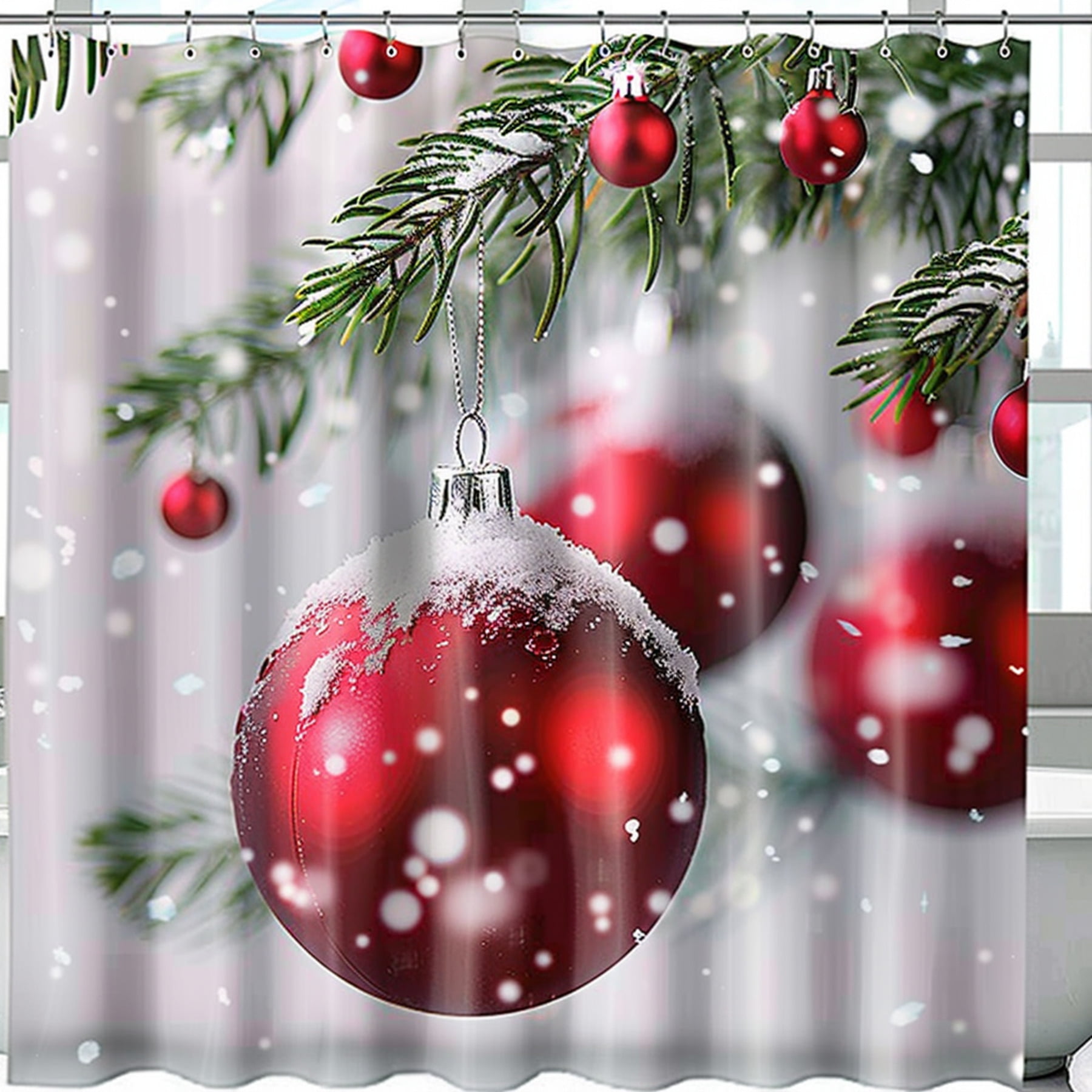 Christmas Red Balls Pine Tree Snow Fabric Shower Curtain Festive