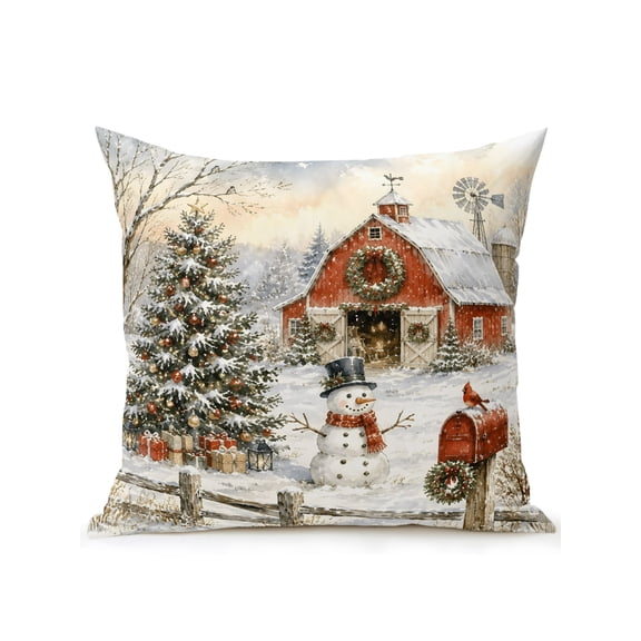Christmas Red Barn Outdoor Throw Pillow with Insert, 16"x16" Winter Farmhouse Xmas Tree Snowman Wreath Bird Waterproof Decorative Square Patio Pillows for Outside Furniture, Sofa, Porch, Garden