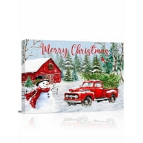 Christmas Red Barn Truck Canvas Print Wall Art Snowman Xmas Tree Snowflake Cardinal Pictures Painting Morden Artwork for Living Room Bedroom, Ready to Hang - 12"x16"