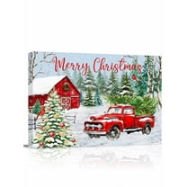 Christmas Red Barn Truck Canvas Print Wall Art Winter Xmas Tree Snowflake Cardinal Pictures Painting Morden Artwork for Living Room Bedroom, Ready to Hang - 12"x16"