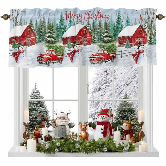 Christmas Red Barn Truck Valances for Windows, 42 x 18in, Snowman Xmas Tree Snowflake Cardinal Rod Pocket Kitchen Valance Curtain Light Filtering Window Treatments for Living Room Bedroom, 1 Panel