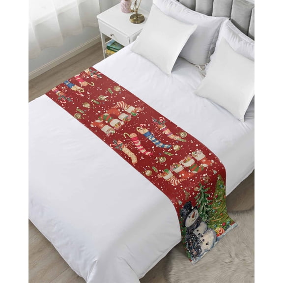 Christmas Red Bed Runner for Twin Size Bed, Winter Snowmen Snowflake Xmas Tree Bedspread Protector Slipcover Bed Scarf for Foot Bed Runners & Scarves for Bedroom Hotel Wedding Room 71x20 Inches