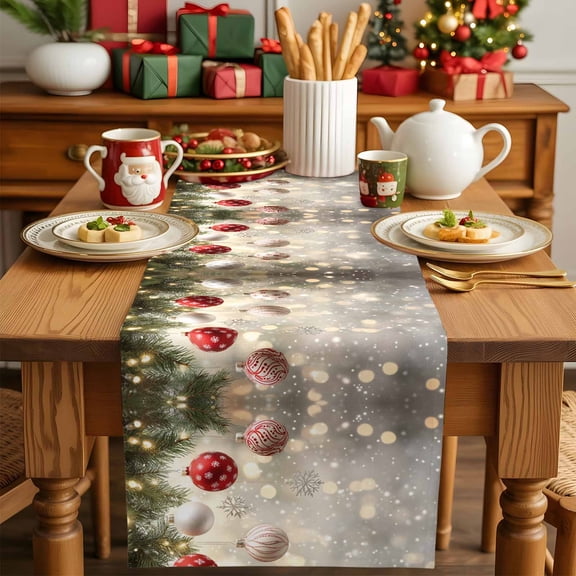 Christmas Red Bells Pine Leaves Table Runner 13x90in Non-Slip Cotton Linen Table Runners, Winter Snow Scene Dresser Scarves TableRunner for Dinner Kitchen Dining Wedding Party