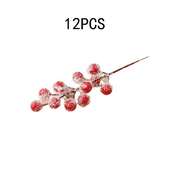 Christmas Red Berry Branch with Snow Frost | Artificial Red Fruit Stems for Wreaths & Trees | Set of 12 Stems with 12 Berries Each | 8-Inch Winter Decor