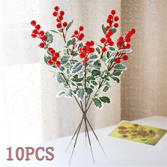 Christmas Red Berry Branch Tutuviw 10 Pcs Artificial Holly Berry with Green Leaf Christmas Tree Ornament DIY Xmas Garland Wreath Ornament New Year Party Decoration, Green