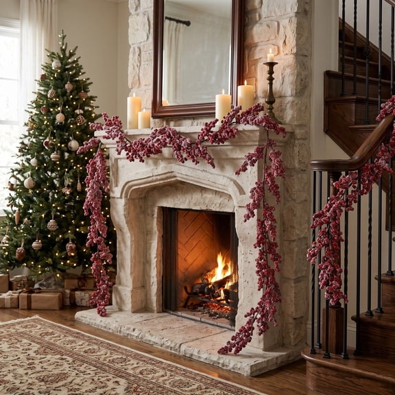 Christmas Red Berry Garland, Artificial Frosted Berry Hanging Vine Branches for Door, Wall, Staircase, Mantel, Window and Holiday Home Decor, 75 inch