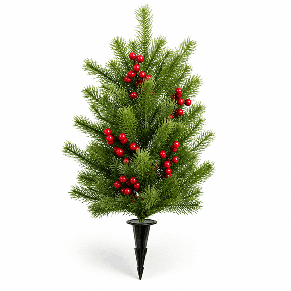Christmas Red Berry Pine Ground Stake, 3-Branch Artificial Evergreen Pick for Outdoor Walkway, Garden Path, Flower Bed, Porch Planter and Yard Holiday Decor