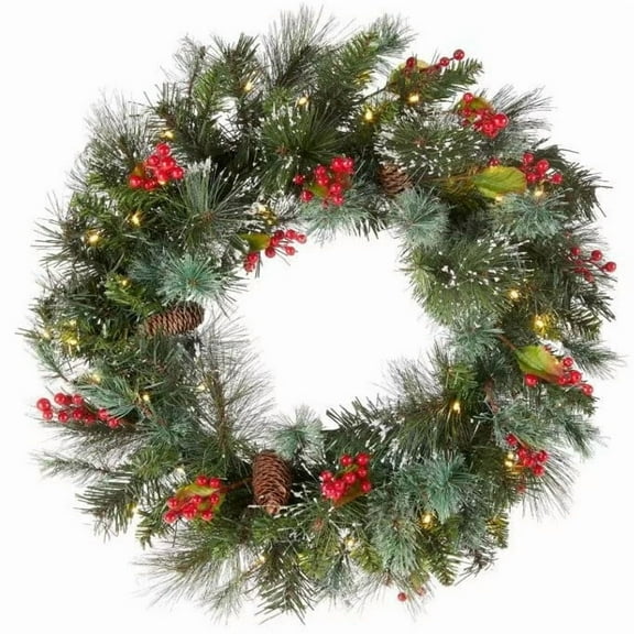 Christmas Red Berry Pinecone Wreath - Indoor Holiday Door & Wall Hanging Decor with Natural Pine Cones, Battery Operated (Batteries Not Included)