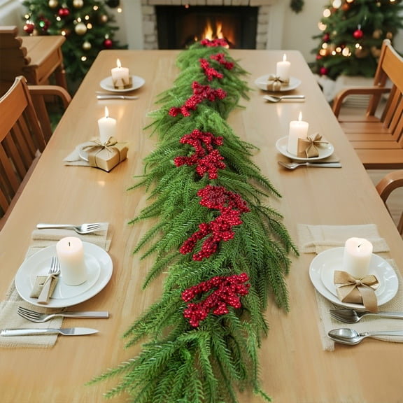 Christmas Red Berry Vines for Holiday Decoration, Green Plastic Plant for Stair Handrail, Table Decor with Realistic Look, No Maintenance for Indoor and Outdoor Use