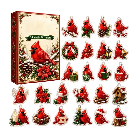 Christmas Red Bird Advent Calendar 2026, 24Day Christmas Countdown Blind Box with 24 Sparkly Acrylic Cardinal Ornaments, Glitter Xmas Tree Hanging Home Holiday Decor