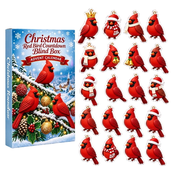 Christmas Red Bird Advent Calendar 2026, 24‑Day Holiday Countdown Blind Box, Cute Red Cardinal Bird Tree Ornaments, Perfect Christmas Gift for Bird‑Lovers