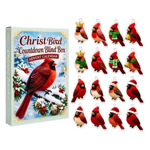 Christmas Red Bird Advent Calendar, 24 Days Cardinal Countdown Blind Box with Acrylic Ornaments, Festive Tree Hanging Decor & Keepsake