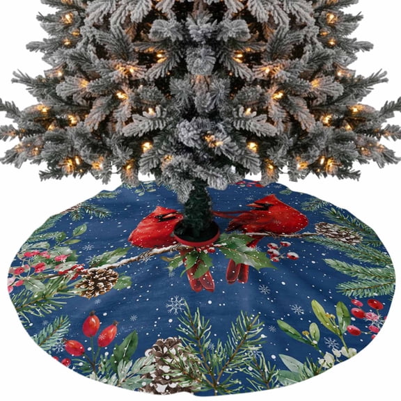 Christmas Red Bird Christmas Tree Skirt 36 Inch, Winter Blue Pastoral Berry Pine Cone Leaf Xmas Tree Skirt, Christmas Tree Mat Ornaments for Home New Year Party and Holiday Decor Supplies