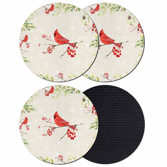 Christmas Red Bird Coasters Set of 4, Absorbent Coasters for Drinks, Xmas Tree Branches Snowflakes Winter Coaster for Desk Coffee Table Protection, Home Decor House Warming Gifts 4"