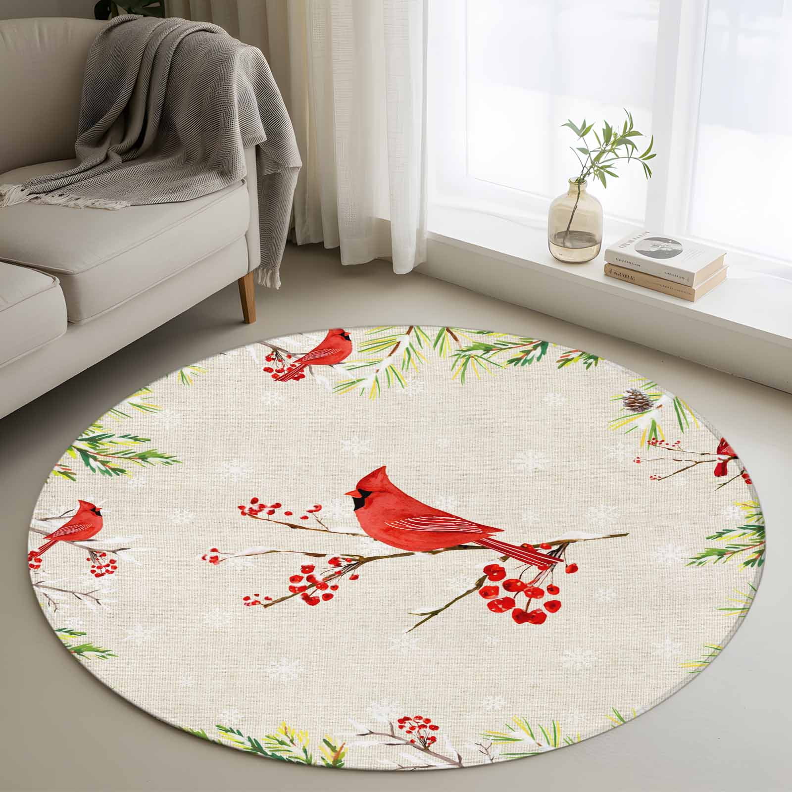 Christmas Red Bird Round Rug 3ft Washable Circle Entryway Rugs Non Slip ...