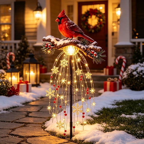 Christmas Red Bird Solar Stake Light, Red Bird with Hanging Snowflake & Berry LED Lights for Outdoor Yard Pathway Garden Decor & Holiday Gift