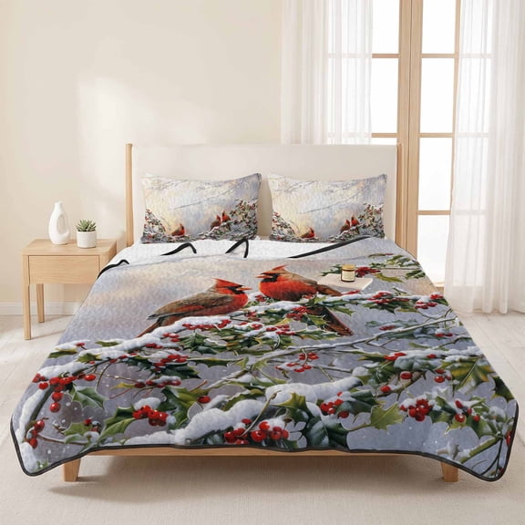 Christmas Red Bird on Tree Branch 3 Pieces Quilt Set,1 Quilt with 2 Shams,Winter Berry Snow Scenery Bedspread Soft Lightweight Bedding Coverlet Comforter Set for All Season 96"x106"